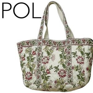 POL Embroidered Floral Tote - Cream and Green